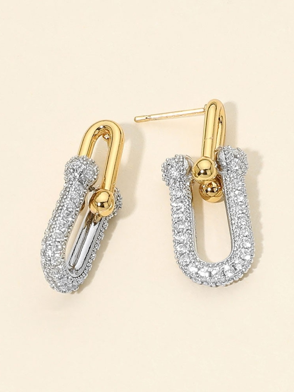 Gold Stainless Industrial Chain Link CZ Dangle Drop Earrings 1.1 Inch Jewelry